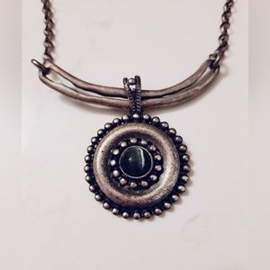 Rustic round silver pendant w/black center jewel